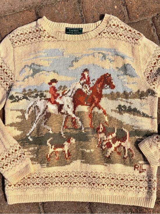 Ralph Lauren Sweaters - Vintage Ralph Lauren Beige Crewneck Sweater with Equestrian Scene